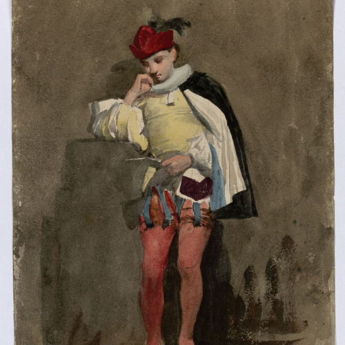 image for: Marià Fortuny - Jove amb indumentària del segle XVI (anvers) / Estudi per a la litografia «El suïcidi de Leònia» (revers) - Cap a 1857