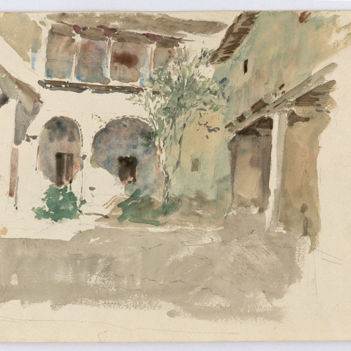 image for: Marià Fortuny - Pati d&#039;una casa a Granada (anvers) / Croquis d&#039;una façana (revers) - Cap a 1868-1872