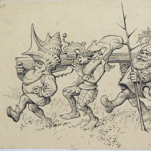 image for: Apel·les Mestres - Flok, Mik i Puk carregats amb una escopeta. Il·lustració per al poema «Liliana» d&#039;Apel·les Mestres - 1905