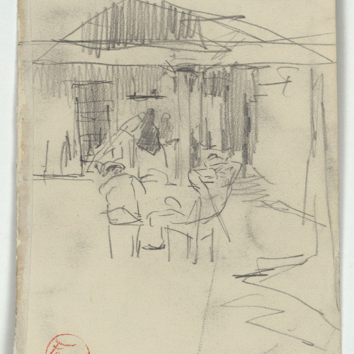 image for: Marià Fortuny - Plaça porxada amb figures (anvers) / Croquis de detalls arquitectònics (revers) - Cap a 1863-1866