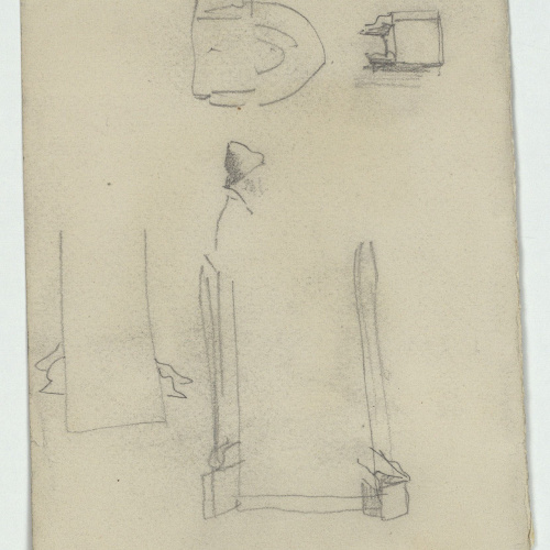 image for: Marià Fortuny - Plaça porxada amb figures (anvers) / Croquis de detalls arquitectònics (revers) - Cap a 1863-1866 [1]