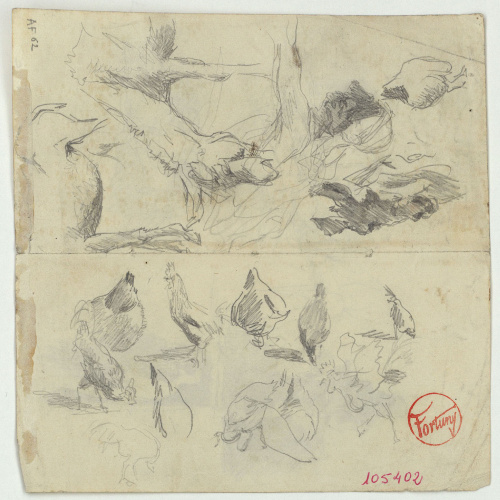image for: Marià Fortuny - Estudi per al quadre «El corral» [?] (anvers) / Croquis de figures (revers) - Cap a 1869