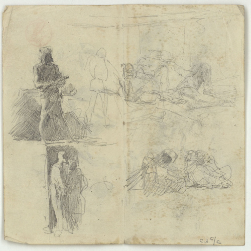 image for: Marià Fortuny - Estudi per al quadre «El corral» [?] (anvers) / Croquis de figures (revers) - Cap a 1869 [1]