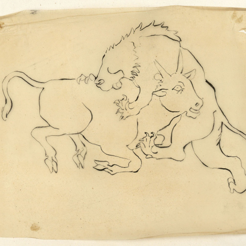 image for: Marià Fortuny - Calc d&#039;un lleó atacant un toro - Cap a 1867-1872