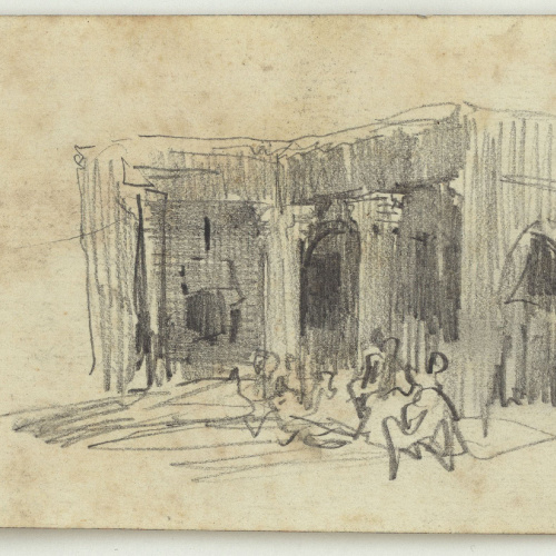 image for: Marià Fortuny - Edifici marroquí amb figures (anvers) / Marroquins, detall d&#039;un edifici d&#039;estil musulmà i rucs (revers) - Cap a 1860-1862