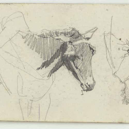 image for: Marià Fortuny - Croquis de figures i cavall (anvers) / Croquis d&#039;un ase i marroquí (revers) - Cap a 1860-1862