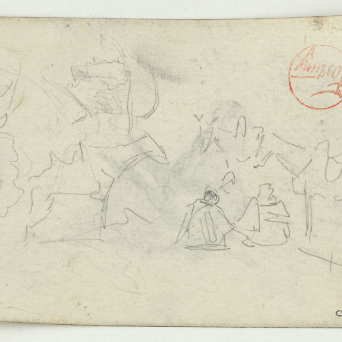 image for: Marià Fortuny - Croquis de figures i cavall (anvers) / Croquis d&#039;un ase i marroquí (revers) - Cap a 1860-1862 [1]
