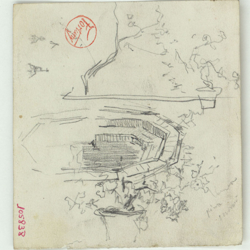 image for: Marià Fortuny - Esbós d&#039;un brollador i testos amb plantes (anvers) / Pom d&#039;espasa (revers) - Cap a 1870-1872