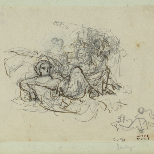 image for: Marià Fortuny - Croquis de figura femenina ajaguda - Cap a 1856-1858