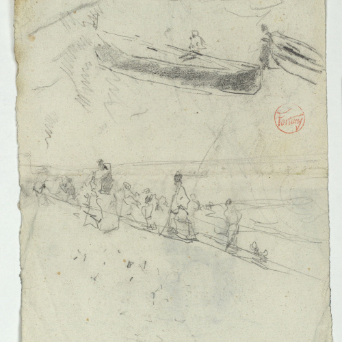 image for: Marià Fortuny - Barca i figures a la platja (anvers) / Esbós de barca i de vas (revers) - Cap a 1874
