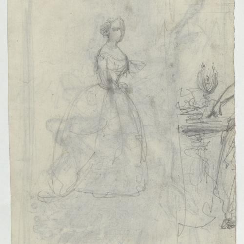 image for: Marià Fortuny - El suïcidi de Leònia. Il·lustració per a la novel·la «El mendigo hipócrita» d&#039;Alexandre Dumas (fill) (anvers) / Dama davant d&#039;un tocador (revers) - Cap a 1856-1857 [1]