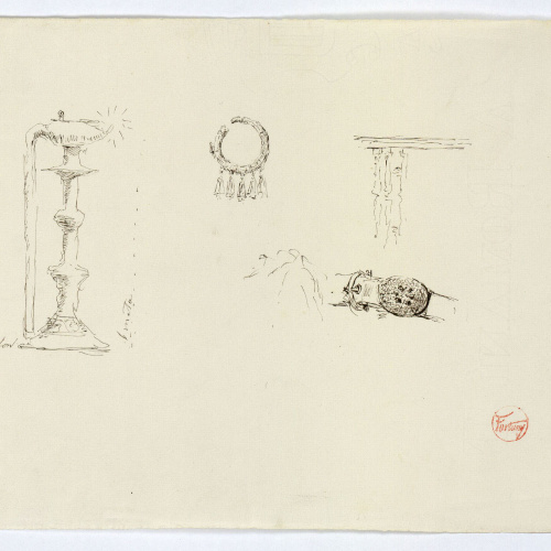 image for: Marià Fortuny - Llàntia d&#039;estil musulmà, arracada, sivella i croquis inconcret - Cap a 1870-1872