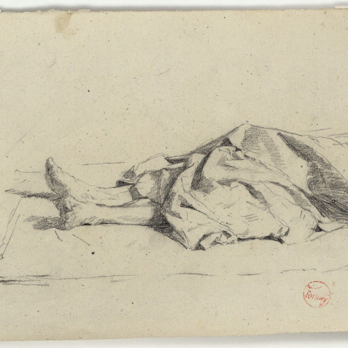 image for: Marià Fortuny - Estudi per als gravats «Cabilenc mort» i «Àrab vetllant el cadàver del seu amic» (anvers) / Croquis de figura (revers) - Cap a 1866-1867