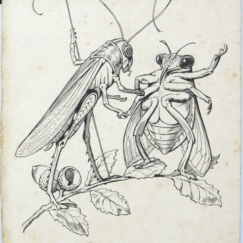 image for: Apel·les Mestres - Pregadéu i abellot conversant damunt una branca. Il·lustració per al poema «Liliana» d&#039;Apel·les Mestres - Cap a 1907