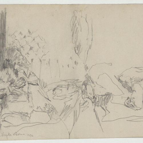 image for: Marià Fortuny - En el tren de Nápoles a Roma (anvers) / Croquis inconcret (revers) - 1874