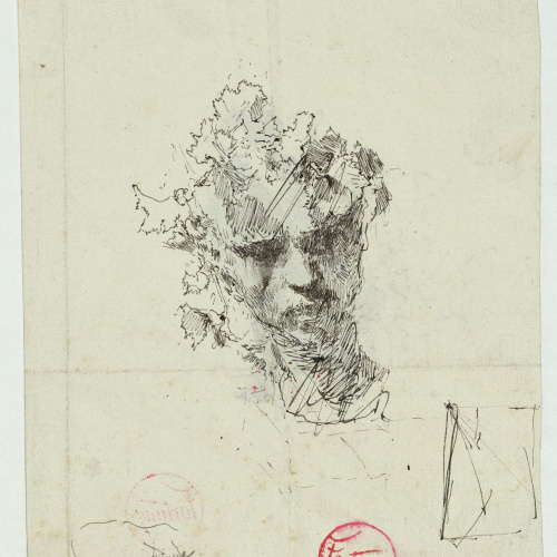 image for: Marià Fortuny - Cap masculí coronat de pàmpols (anvers) / Cap masculí coronat de pàmpols (revers) - Cap a 1870-1872