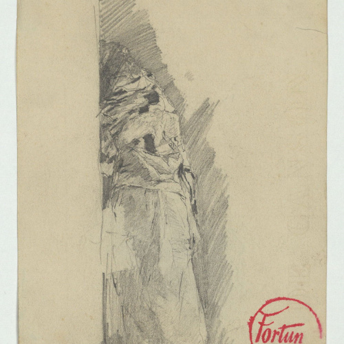 image for: Marià Fortuny - Figura recolzada en un mur (anvers) / Esbós de rostre masculí (revers) - Cap a 1860-1862
