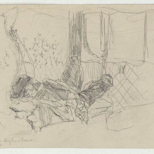 image for: Marià Fortuny - En el tren de Nápoles a Roma (anvers) / Esbós d'home ajagut (revers) - 1874