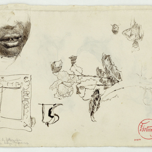 image for: Marià Fortuny - Estudi per al quadre «Els fills del pintor en un saló japonès» (anvers) / Gossos (revers) - Cap a 1874