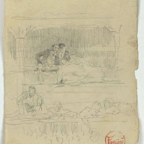 image for: Marià Fortuny - Parella asseguda i figures en una llotja (anvers) / Esbós d&#039;altar (revers) - Cap a 1863-1867