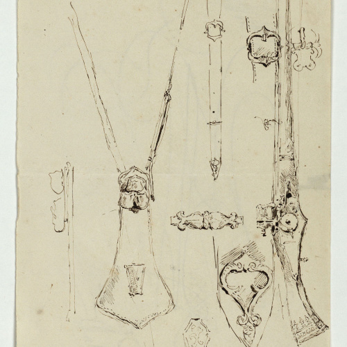 image for: Marià Fortuny - Espingarda i altres objectes (anvers) / Inicials entrellaçades i diversos objectes (revers) - Cap a 1863-1872