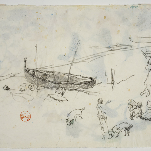 image for: Marià Fortuny - Estudi per al quadre «Platja de Portici» (anvers) / Croquis inconcret (revers) - Cap a 1874