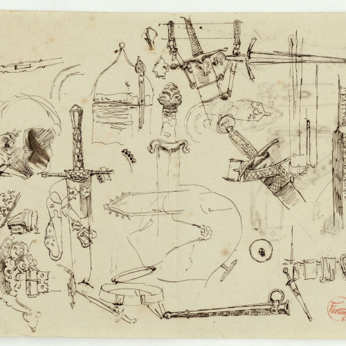image for: Marià Fortuny - Espases, cascs i altres objectes (anvers) / Espases i altres objectes (revers) - Cap a 1867-1872