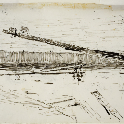 image for: Marià Fortuny - Estudi per al quadre «Platja de Portici» (anvers) / Esbós de figures treballant al moll (revers) - Cap a 1874 [1]