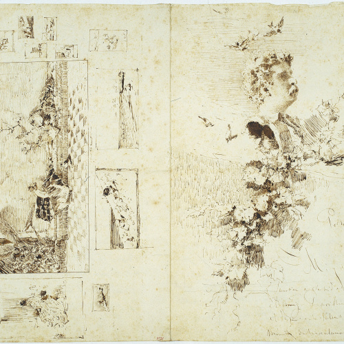 image for: Marià Fortuny - Estudi per al quadre «Els fills del pintor en un saló japonès» i altres dibuixos - Cap a 1874