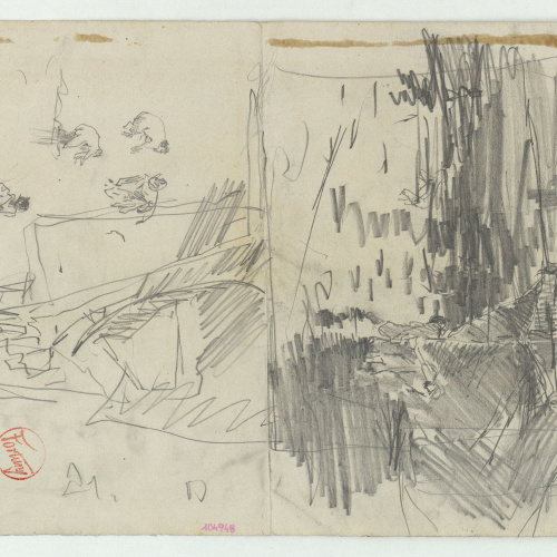 image for: Marià Fortuny - Barcassa amb figures i croquis inconcret (anvers) / Esbós de figures i croquis de fulles (revers) - Cap a 1874