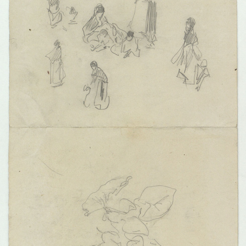 image for: Marià Fortuny - Barcassa amb figures i croquis inconcret (anvers) / Esbós de figures i croquis de fulles (revers) - Cap a 1874 [1]