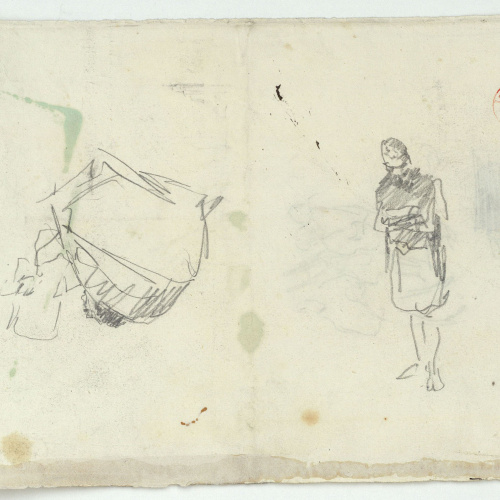 image for: Marià Fortuny - Figura i coverol (anvers) / Croquis de guitarristes (revers) - Cap a 1867-1872