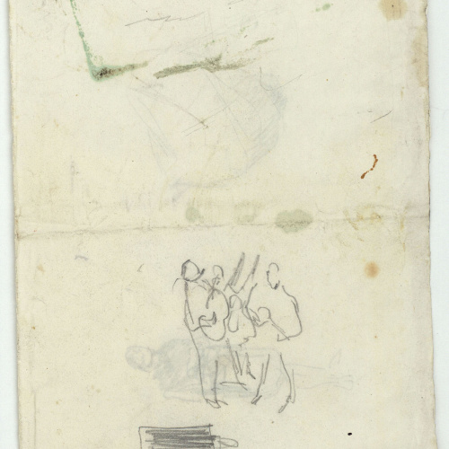 image for: Marià Fortuny - Figura i coverol (anvers) / Croquis de guitarristes (revers) - Cap a 1867-1872 [1]
