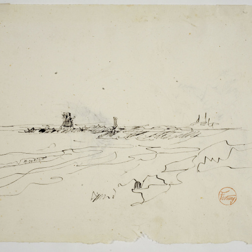 image for: Marià Fortuny - Estudi per al quadre «Platja de Portici» (anvers) / Croquis inconcrets (revers) - Cap a 1874