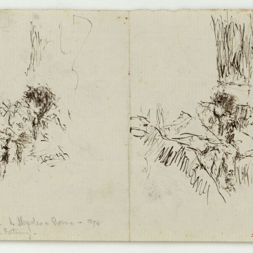 image for: Marià Fortuny - En el tren de Nápoles a Roma (anvers) / Croquis de María Luisa Fortuny, filla de l&#039;artista (revers) - Cap a 1874