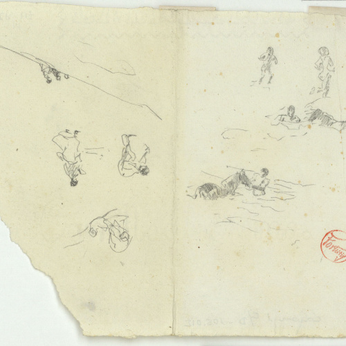 image for: Marià Fortuny - Cavall a l&#039;aigua i croquis de figures - Cap a 1874