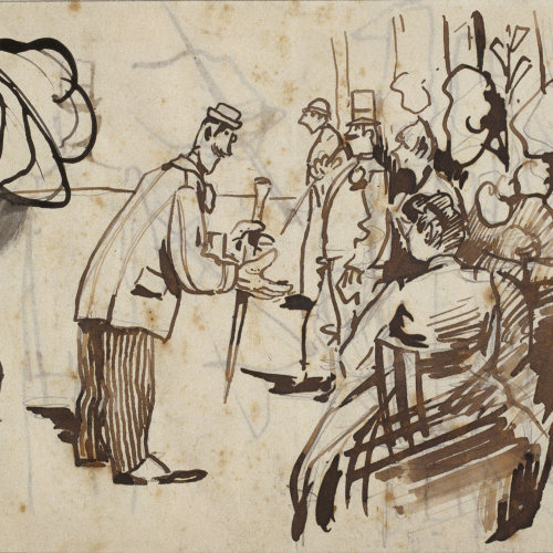 image for: Ramon Casas - Apunt de la Rambla de les Flors i caps (anvers) / Croquis de figures masculines i apunts de mans (revers) - Cap a 1890-1900