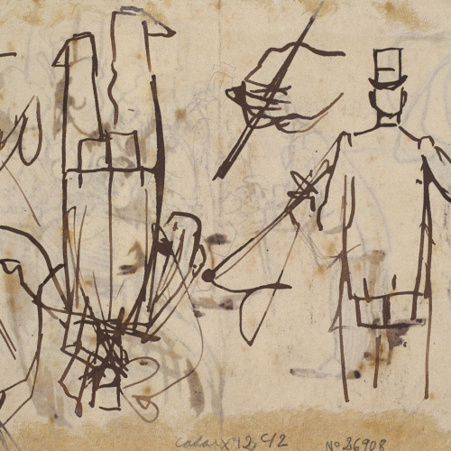 image for: Ramon Casas - Apunt de la Rambla de les Flors i caps (anvers) / Croquis de figures masculines i apunts de mans (revers) - Cap a 1890-1900 [1]