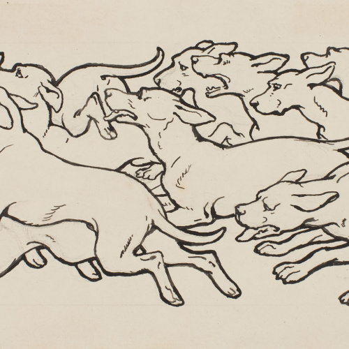 image for: Apel·les Mestres - Gossada empaitant una abella. Capçalera de pàgina per al poema «Liliana» d&#039;Apel·les Mestres - 1902