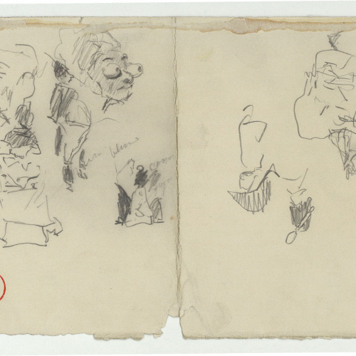 image for: Marià Fortuny - Caps caricaturescos i esbós de figures (anvers) / Esbós de carrer amb figures (revers) - Cap a 1867-1872