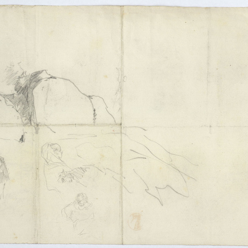 image for: Marià Fortuny - Croquis de figures i caps femenins (anvers) / Croquis de roca i figures (revers) - Cap a 1870-1872 [1]