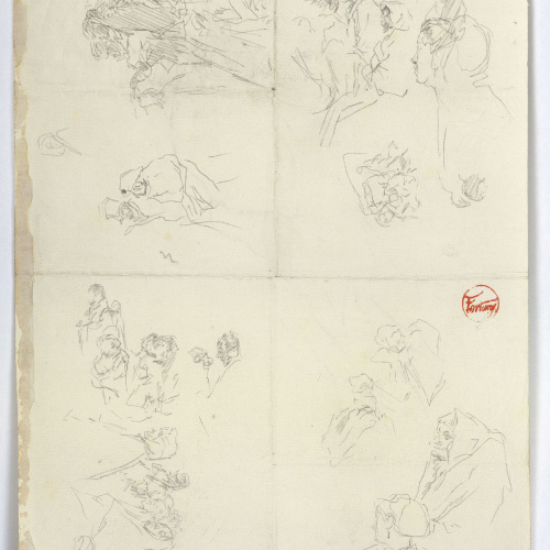image for: Marià Fortuny - Croquis de figures i caps femenins (anvers) / Croquis de roca i figures (revers) - Cap a 1870-1872