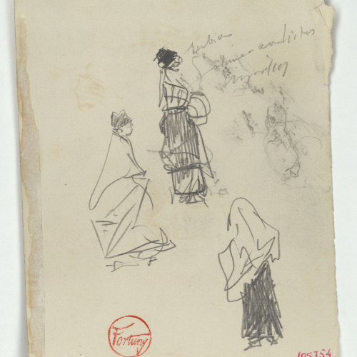image for: Marià Fortuny - Croquis de figures (anvers) / Genet davant d'un establiment (revers) - Cap a 1871