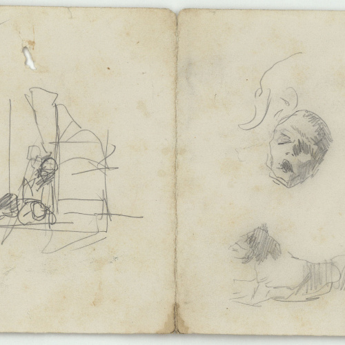 image for: Marià Fortuny - Croquis de figures, màscara i gos - Cap a 1867-1872