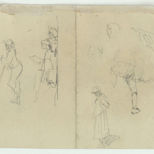 image for: Marià Fortuny - Pidolaires i altres figures masculines (anvers) / Esbós de figures i figures al llindar d&#039;una porta (revers) - Cap a 1863-1866