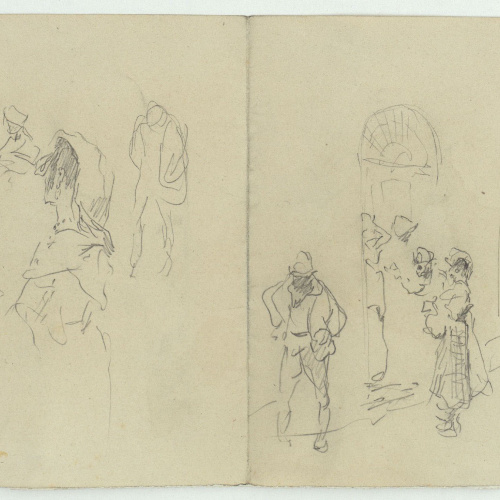 image for: Marià Fortuny - Pidolaires i altres figures masculines (anvers) / Esbós de figures i figures al llindar d&#039;una porta (revers) - Cap a 1863-1866 [1]