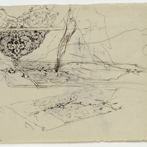 image for: Marià Fortuny - Croquis de tapissos (anvers) / Branques amb fulles i fruits (revers) - Cap a 1870-1872