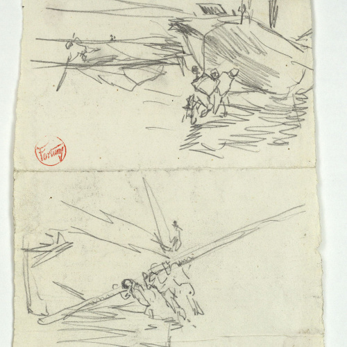 image for: Marià Fortuny - Esbós de barcassa amb figures i figures sostenint un objecte llarg - Cap a 1874