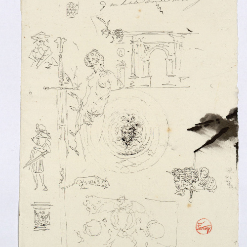 image for: Marià Fortuny - Croquis de figures, detalls arquitectònics, motius ornamentals i espases - Cap a 1870-1872