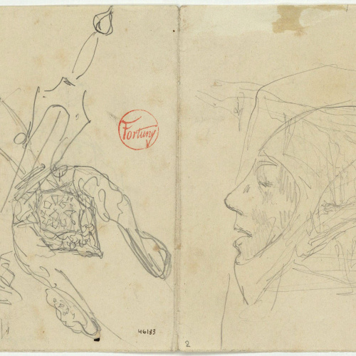 image for: Marià Fortuny - Espases d&#039;estil musulmà i un cap (anvers) / Croquis inconcret (revers) - Cap a 1870-1872